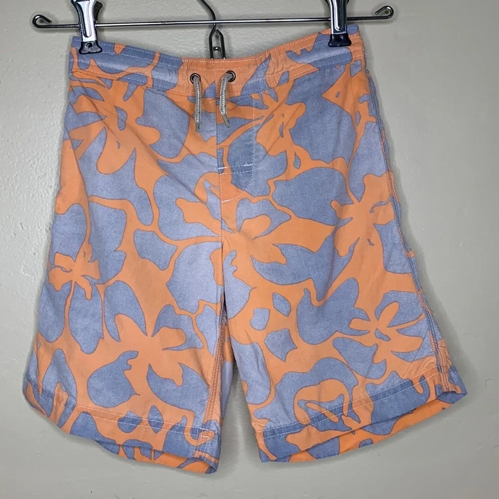 LANDS END Kids Swim Trunks Orange Gray Swimsuit Shorts Medium (5-6)